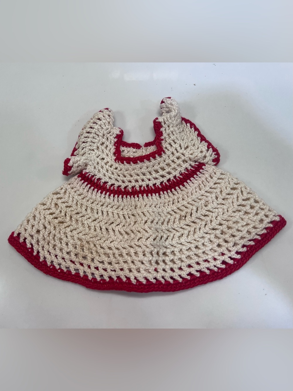 Handmade Crochet Red & Beige Soap Bottle Dress Décor Or Doll Dress